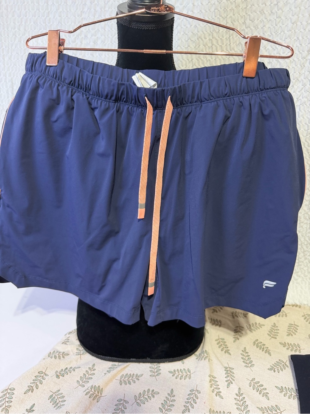 Fabletics Men’s Navy Athletic Shorts with Peach Drawstring